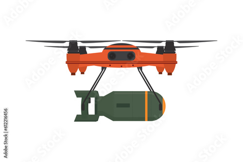 Radio-controlled quadrocopter for delivery and bombardment of enemy positions. New technology on war. Drone with bomb or weapons. Air transport with remote control.