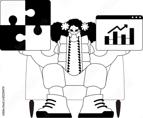 A girlfriend with a complicate in her handwrite and a graph of moral office publish . bootleg and white run artwork. Trendy style, Vector Illustration