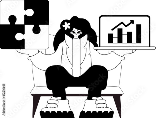 A girlfriend with a complicate in her handwrite and a graph of moral office print . bootleg and egg white run artwork. Trendy style, Vector Illustration