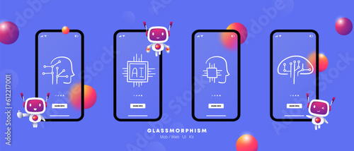 Artificial Intelligence. A field of computer science that focuses on creating intelligent machines capable of simulating human intelligence. Glassmorphism. UI phone app screen. Vector line icon