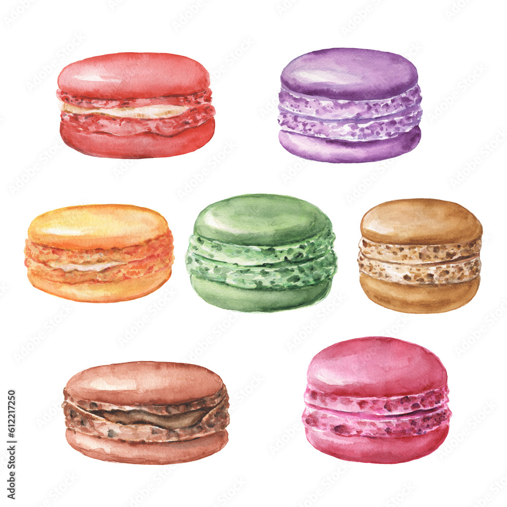 Watercolor illustration of hand painted macarons Watercolor illustration of hand painted macarons
