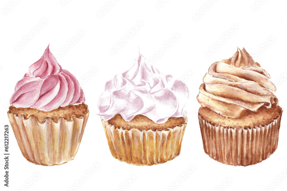 Watercolor cupcakes set. Hand painted  for design of menu.