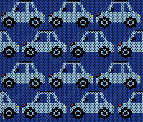 Knitting blue sedan cars seamless pattern. Vector illustration.