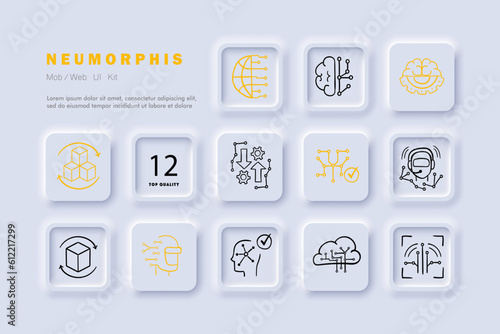 Artificial Intelligence. A field of computer science that focuses on creating intelligent machines capable of simulating human intelligence. Neomorphism. Vector line icon for Business