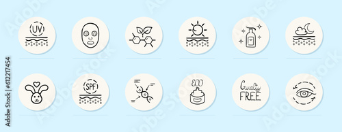 Sunscreen. A topical product applied to the skin to protect it from harmful ultraviolet rays of the sun, preventing sunburn. Vector line icon for Business and Advertising