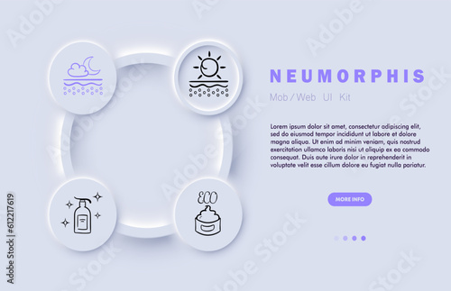 Sunscreen. A topical product applied to the skin to protect it from harmful ultraviolet rays of the sun, preventing sunburn. Neomorphism. Vector line icon for Business