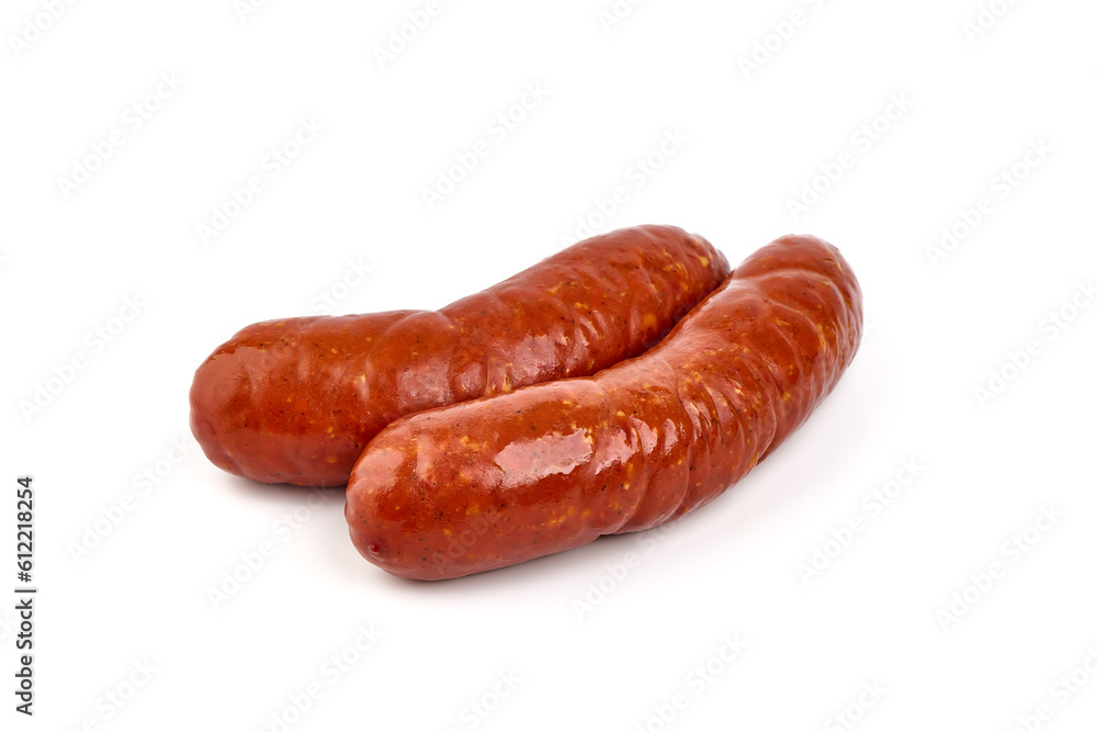 Smoked german sausages, isolated on white background. Smoked german sausages, isolated on white background.