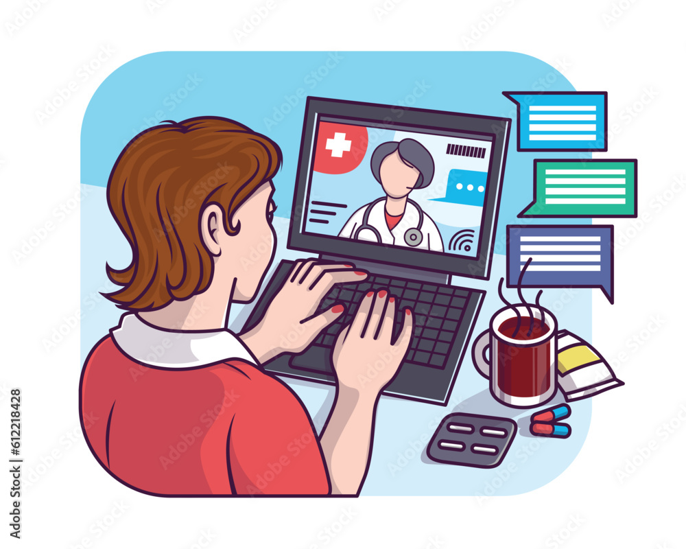 Young lady sitting at table, talking with doctor via laptop. Remote medical consultation via Internet. Make diagnoses and treat online remotely. Vector flat illustration in blue and red colors Young lady sitting at table, talking with doctor via laptop. Remote medical consultation via Internet. Make diagnoses and treat online remotely. Vector flat illustration in blue and red colors