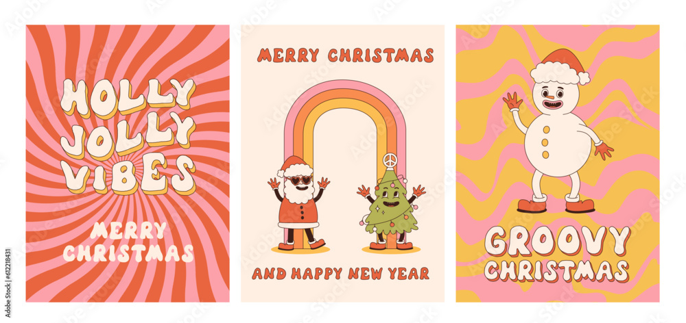 Merry Christmas and Happy New year. Santa Claus, snowman in trendy retro cartoon style. Greeting cards, template, posters, prints, party invitations and backgrounds. Groovy winter posters.