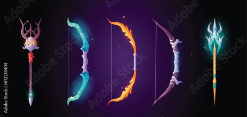 Fototapete Cartoon set of magic bows and triden staffs isolated on background