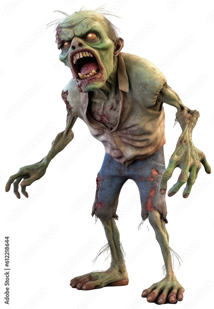 Fototapeta premium Cartoon zombie in 3D style isolated on a white background as transparent PNG, generative AI