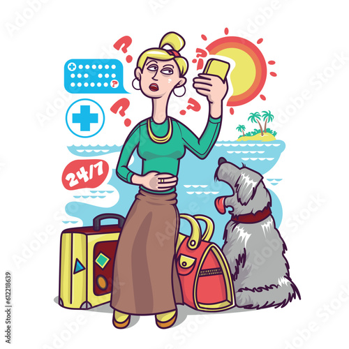 Cartoon character getting online medical support. Female tourist holding mobile phone and calling to doctor, call ambulance. Modern healthcare services. Vector flat illustration