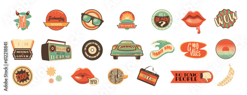 Groovy summer vibe sticker pack isolated on white background. Vector illustration of retro style patches with car, tape recorder, lips, vinyl plate, wave, sun, coffee cup and funny text. Trendy art