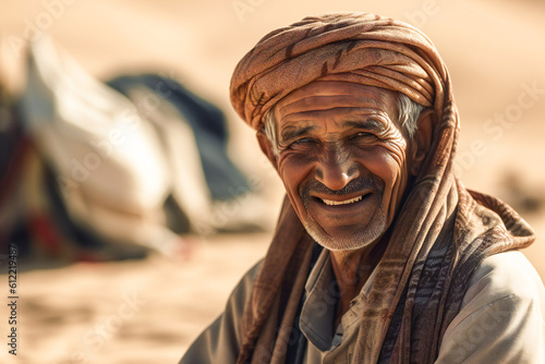 A portrait of a smiling old Muslim with camels in background. Created with Generative AI technology.