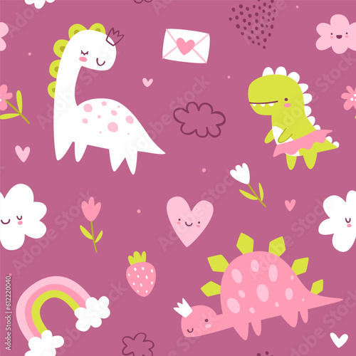 Cute pattern with dino princess. Seamless pink girly print with cute dinosaurs for baby girls textile.