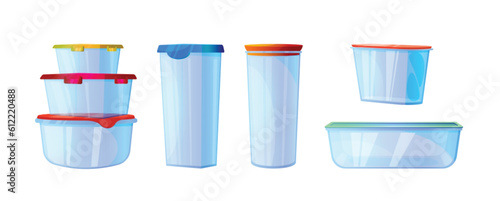Cartoon set of empty food containers isolated on white background. Vector illustration of glass or plastic lunch boxes of different shape and size for storage of cold dish, fresh meal, dry products