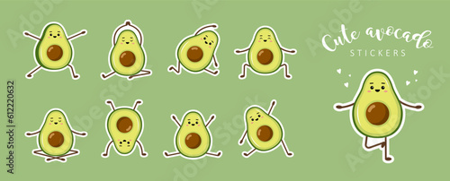 Cute kawaii avocado stickers. Set of doodle fruit on green background. Trendy decor for notebook or diary. Hand drawn vector illustration in flat cartoon style.