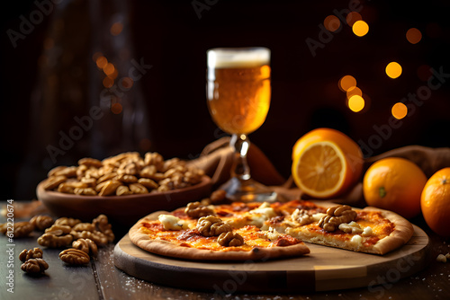 Beer with pizza and lemon. International beer day.