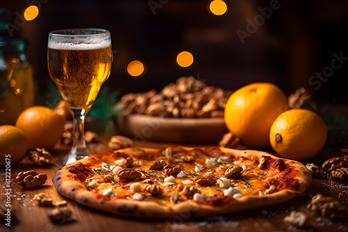 Beer with pizza and lemon. International beer day.