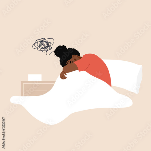 Insomnia concept. Tired african woman having difficulty falling asleep. Sleepless girl lying in bed and thinking about problems. Vector illustration in flat cartoon style. Depression or frustration.
