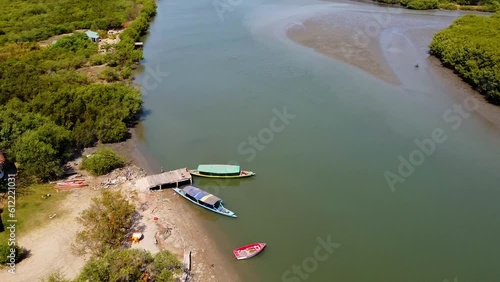 Aerial Drone Fly Above Water Channel, River Gambia, Stala Adventures Kartong Travel Destination in The Gambia West Africa