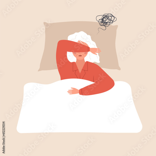 Sleep problems. Tired elderly woman lying in bed and suffer from headache. Insomnia or sleep disorder concept. Vector illustration in flat cartoon style.