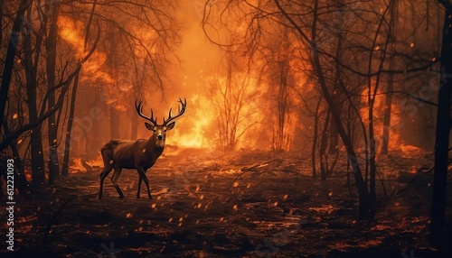 Frightened wild deer against the backdrop of a forest on fire, illustration of natural fires and environmental disaster, AI-generated