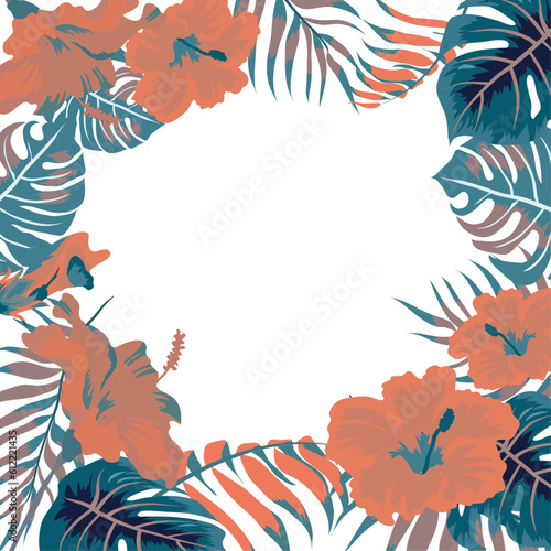 Cadre design avec fleurs d'hibiscus rouge pêche, feuilles de palmier, texte Été tropical, fond blanc. T-shirt, carte, modèle d'affiche. Illustration vectorielle. Imprimé floral de plage d'été