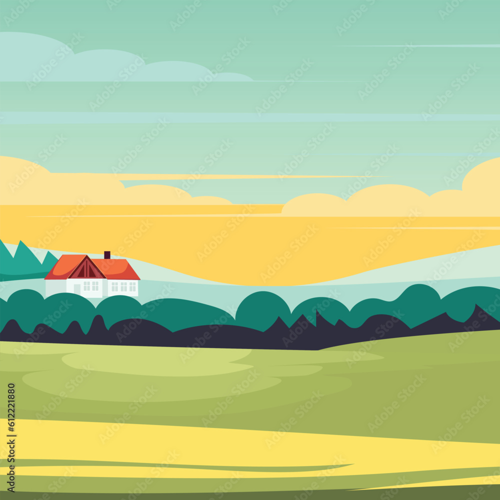 Beautiful fields landscape with a dawn, green hills, bright color sunset sky, background in flat cartoon style. Vector illustration.