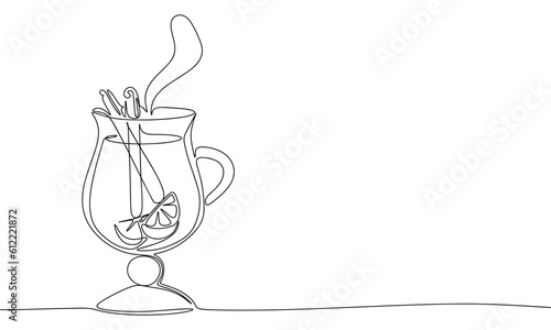 Mulled wine in glass isolated on white background. One line continuous vector illustration. Line art, outline.