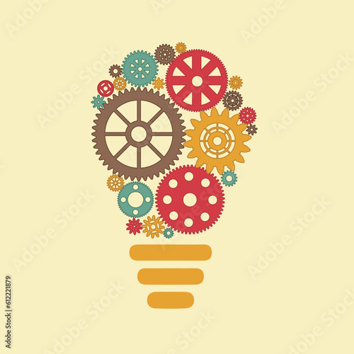Simple light bulb conceptual icon from color gears inside. Vector illustration