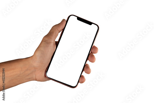 Black male hand holding smartphone with blank screen on white