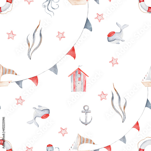 Watercolor seamless pattern marine theme. Repeating nautical texture with sailboat, marine house, whale, seaweed,anchor, flags, lifebuoy. Wallpaper design in cartoon style for children's textiles photo