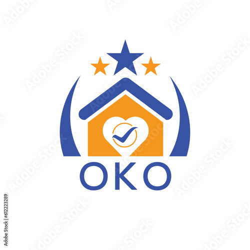 OKO House logo Letter logo and star icon. Blue vector image on white background. KJG house Monogram home logo picture design and best business icon. 
