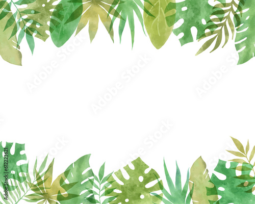 夏の植物 南国の葉のフレーム素材ベクターイラスト上下セット グリーン