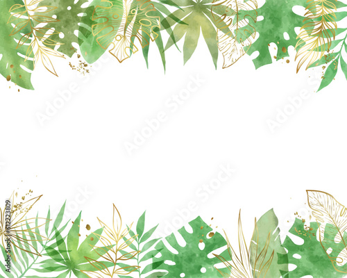 夏の植物 南国の葉とゴールドラインのフレーム素材ベクターイラスト上下セット　グリーン