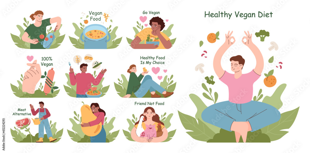 Healthy vegan diet set. Character cooking or eating fresh vegetables, - obrazy, fototapety, plakaty 