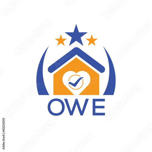 OWE House logo Letter logo and star icon. Blue vector image on white background. KJG house Monogram home logo picture design and best business icon. 
