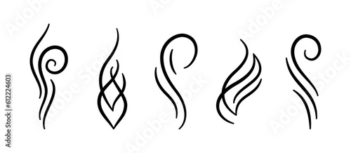 Doodle smoke icons set. Water steam symbols. Hand drawn hot vapors. Line air smell symbols. Doodle fire smoke icons. Vector illustration isolated on white background.