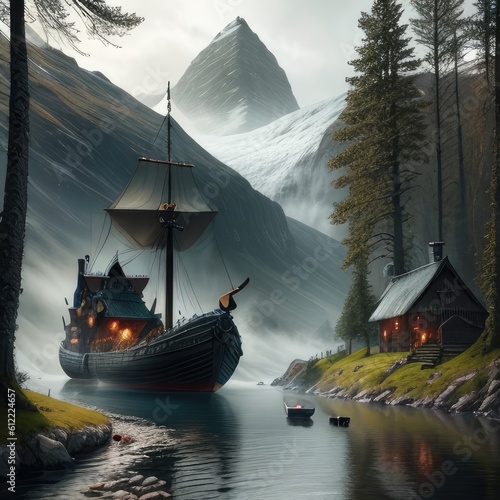 viking villagers photo realistic forest mountain river boat viking house