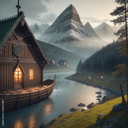 viking villagers photo realistic forest mountain river boat viking house