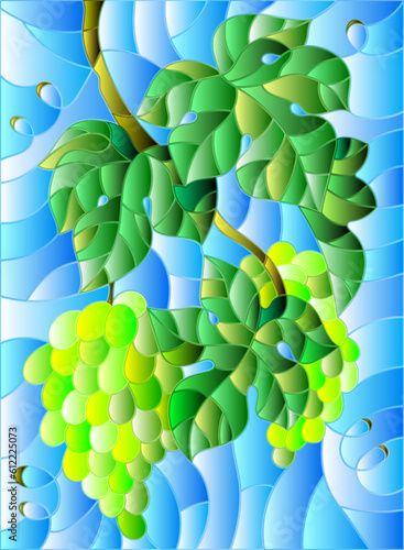 An illustration in the style of a stained glass window with a bunch of ripe grapes on a blue background