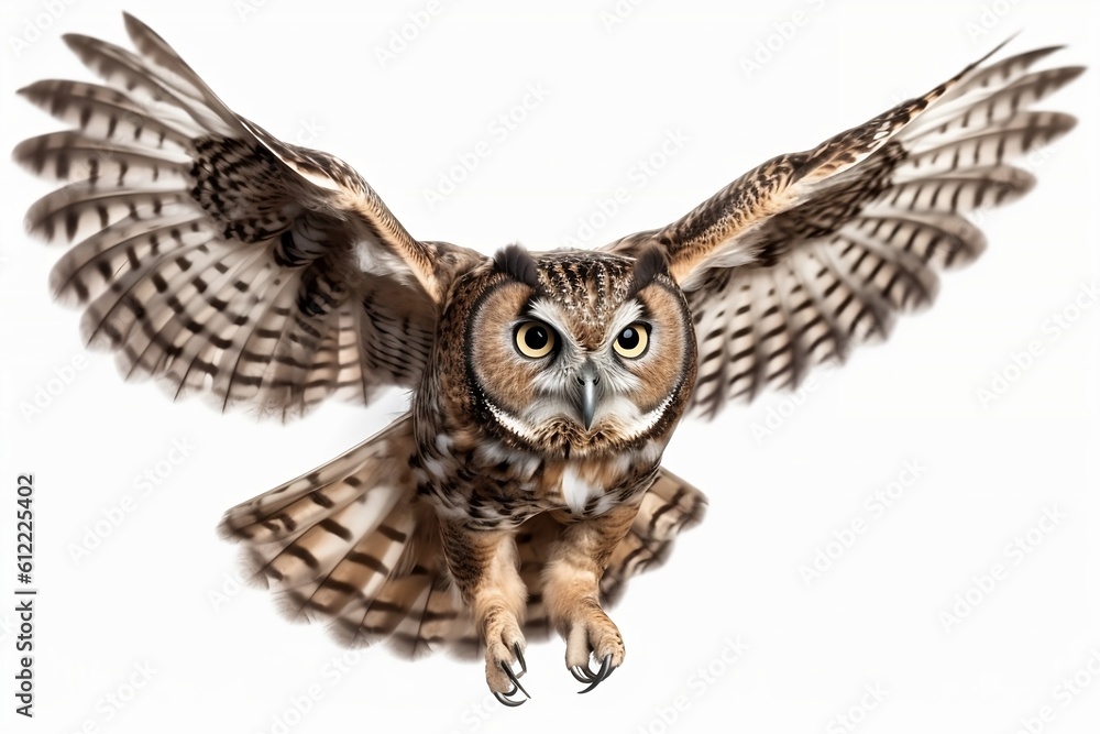 Flying great horned owl isolated on white, Generative AI Flying great horned owl isolated on white, Generative AI