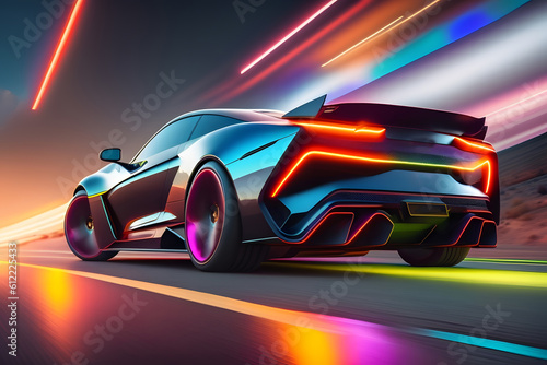 Modern Sports Car On Neon Highway acceleration of a supercar with back side colorful lights trails created with Generative AI technology