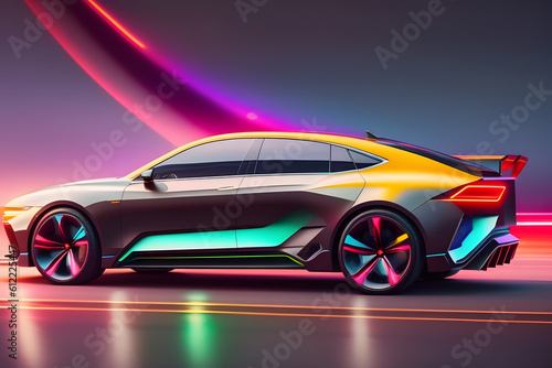 Side View of Futuristic Sports Car On Neon Highway supercar created with Generative AI technology
