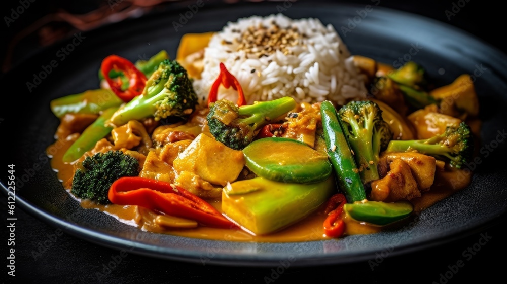 homemade coconut milk vegan curry dish with mixed vegetables and rice homemade coconut milk vegan curry dish with mixed vegetables and rice