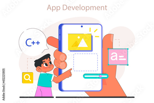 Little boy do programming. Computer science and application development