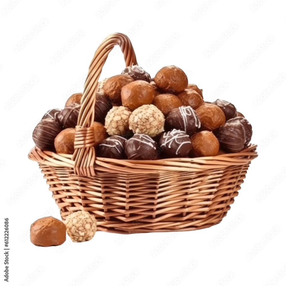 Wicker basket full of delicious and sweet chocolate candies isolated on transparent background, png clip art. Generated with AI. Wicker basket full of delicious and sweet chocolate candies isolated on transparent background, png clip art. Generated with AI.
