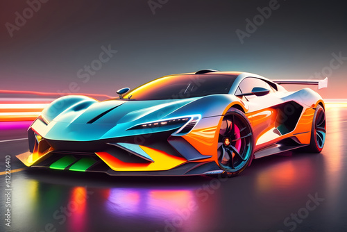 Sports Car On Neon Highway supercar with colorful lights created with Generative AI technology