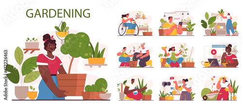 Characters enjoy gardening set. People planting and taking care